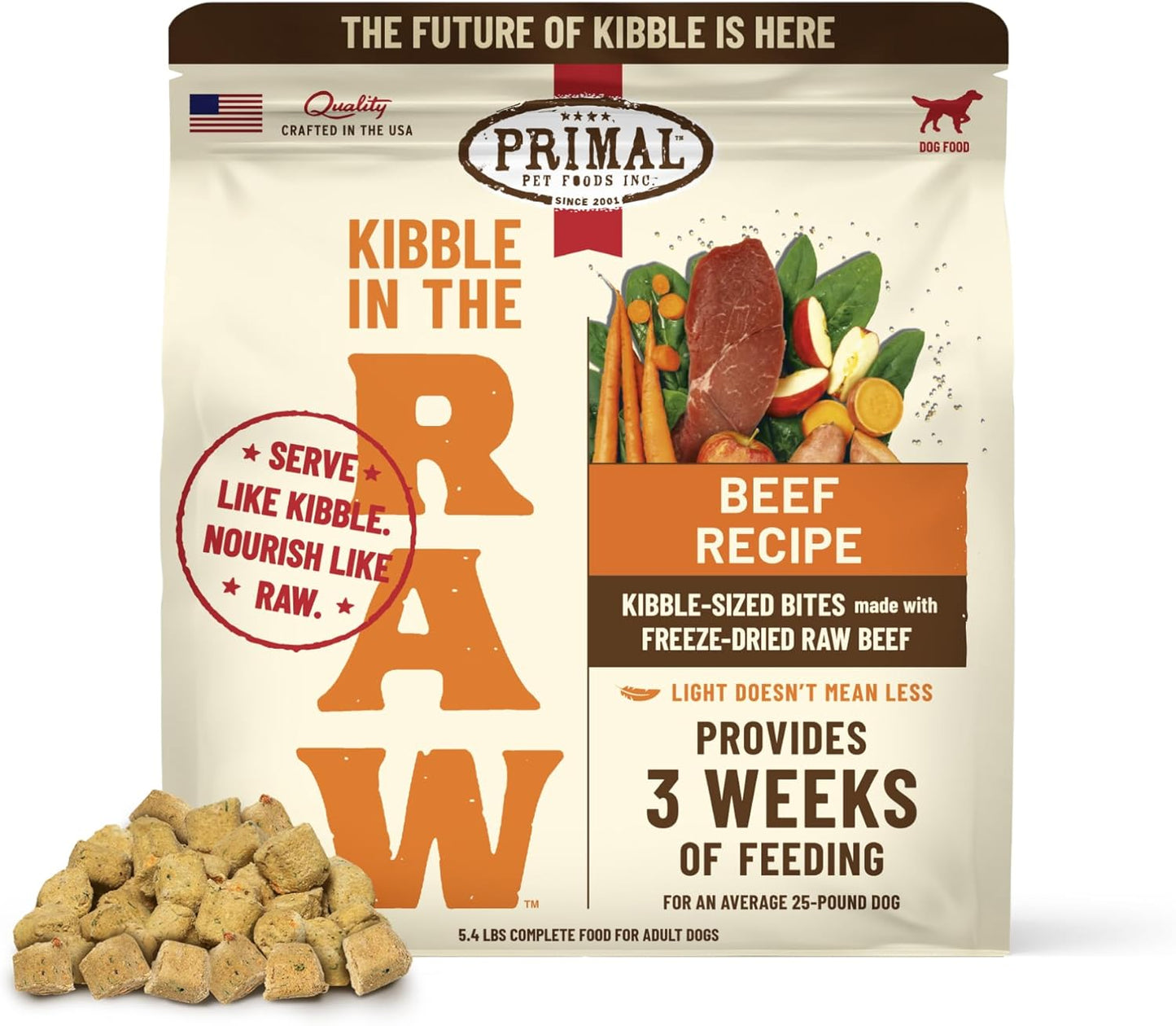 Primal Kibble in The Raw, Freeze Dried Dog Food, Beef, Scoop & Serve, Made with Raw Protein, Whole Ingredient Nutrition, Crafted in The USA, Dry Dog Food 5.4 lb Bag