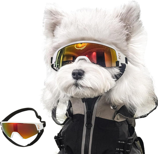 Dog Goggles for Small to Medium Breed, Dog Sunglasses UV Protection, Windproof & Anti-Fog, Puppy Sunglasses with Padded Frame and Adjustable Straps for Outdoor Riding, Driving(White)