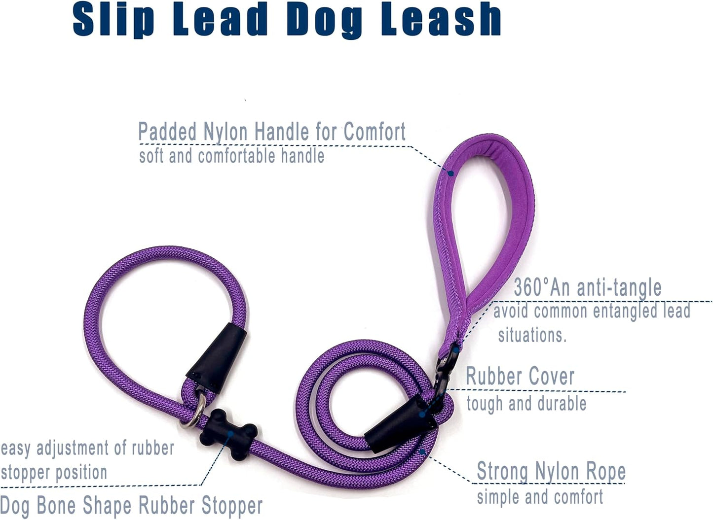 Slip Lead Dog Leash,Strong Nylon Rope Leash and Padded Handle,No Pull Outdoor Walking Training Lead for Small Medium Large Dogs(Purple,1/2"×4ft)