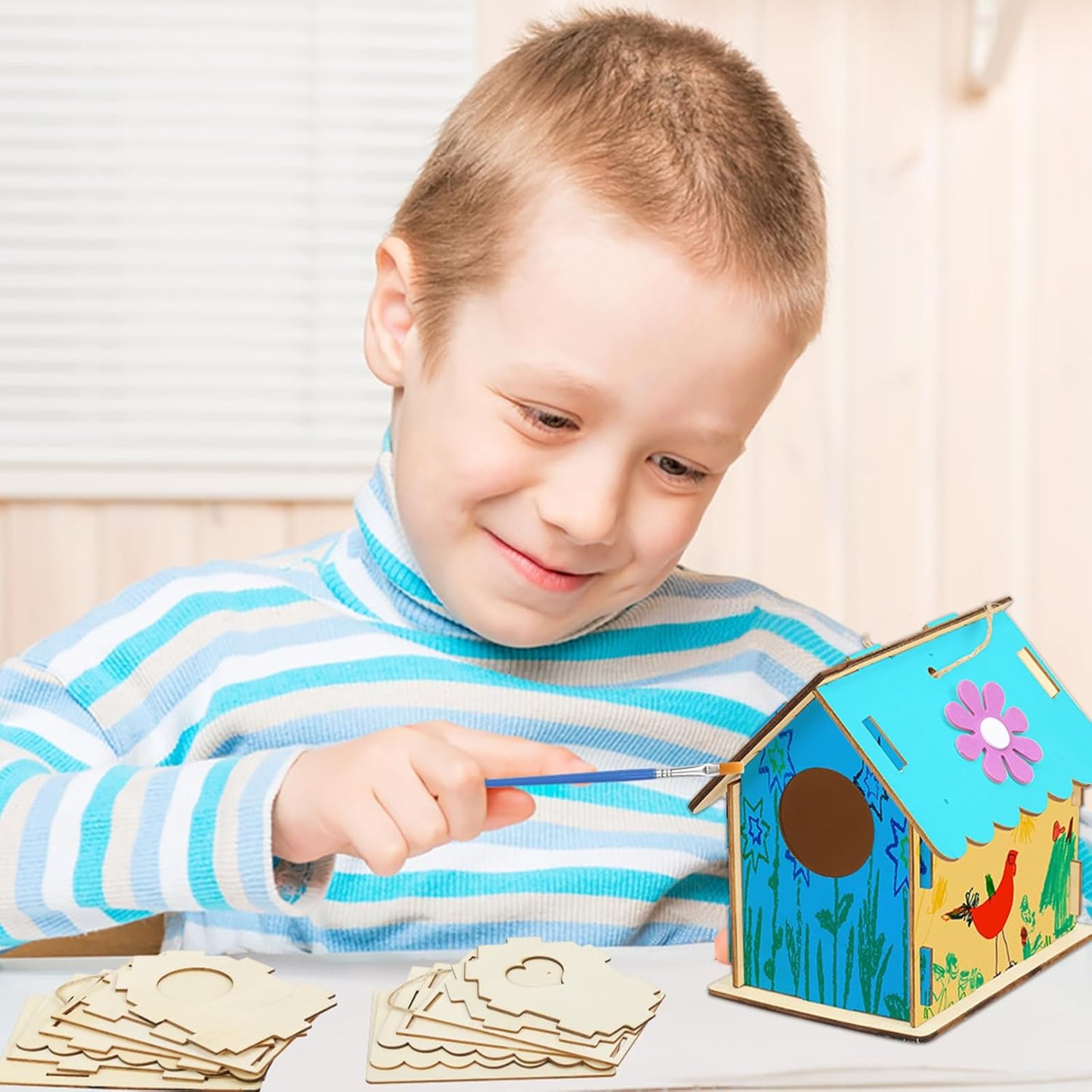 Fennoral 12 Pack Bird House Craft Kit for Kids Make You Own Bird Wind Chime Kit DIY Build and Paint Wooden Birdhouses Bird Feeder Art and Craft for Spring Yard Garden Outdoor Decoration