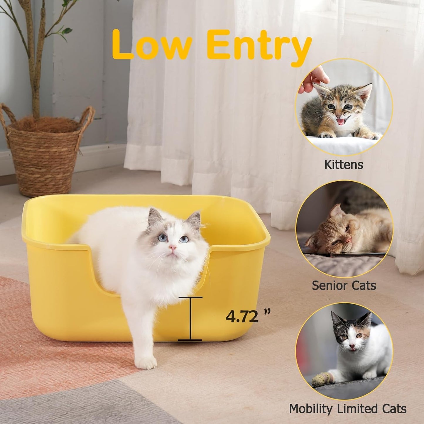 Large Cat Litter Box with High Sides,Cat Boxes for Indoor Cats,Cat Litter Pan for Kitty,Litter Box with Low Entry,Easy to Clean,Anti-Splashing (White)