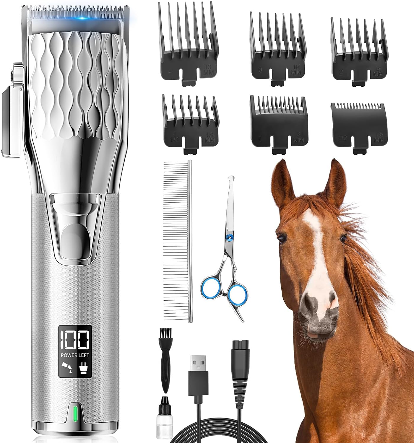 Horse Clippers, Cordless Trimmers Grooming Kit with 2500mAh Battery,Low Noise Heavy Duty Body Clipping Machine with LED Display, Suitable for Horse, Cattle, Cat, Dog with Thick/Tangled Coat