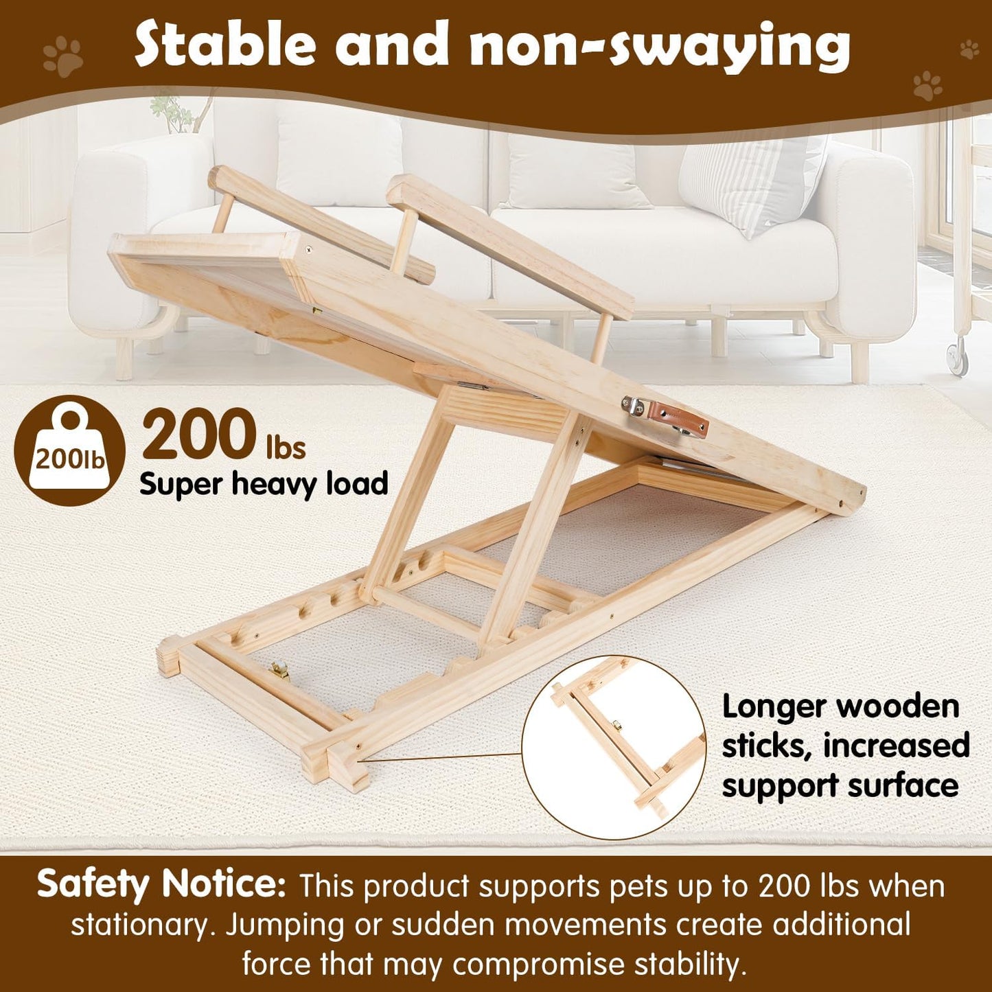 Dog Ramp for Couch, Bed or Car, Wooden 44" Long Pet Stairs for Small & Large Old Dogs & Cats, Hold up to 200lb, 5 Adjustable Height from 14.96" to 22", Portable Doggie Steps, Excellent Traction