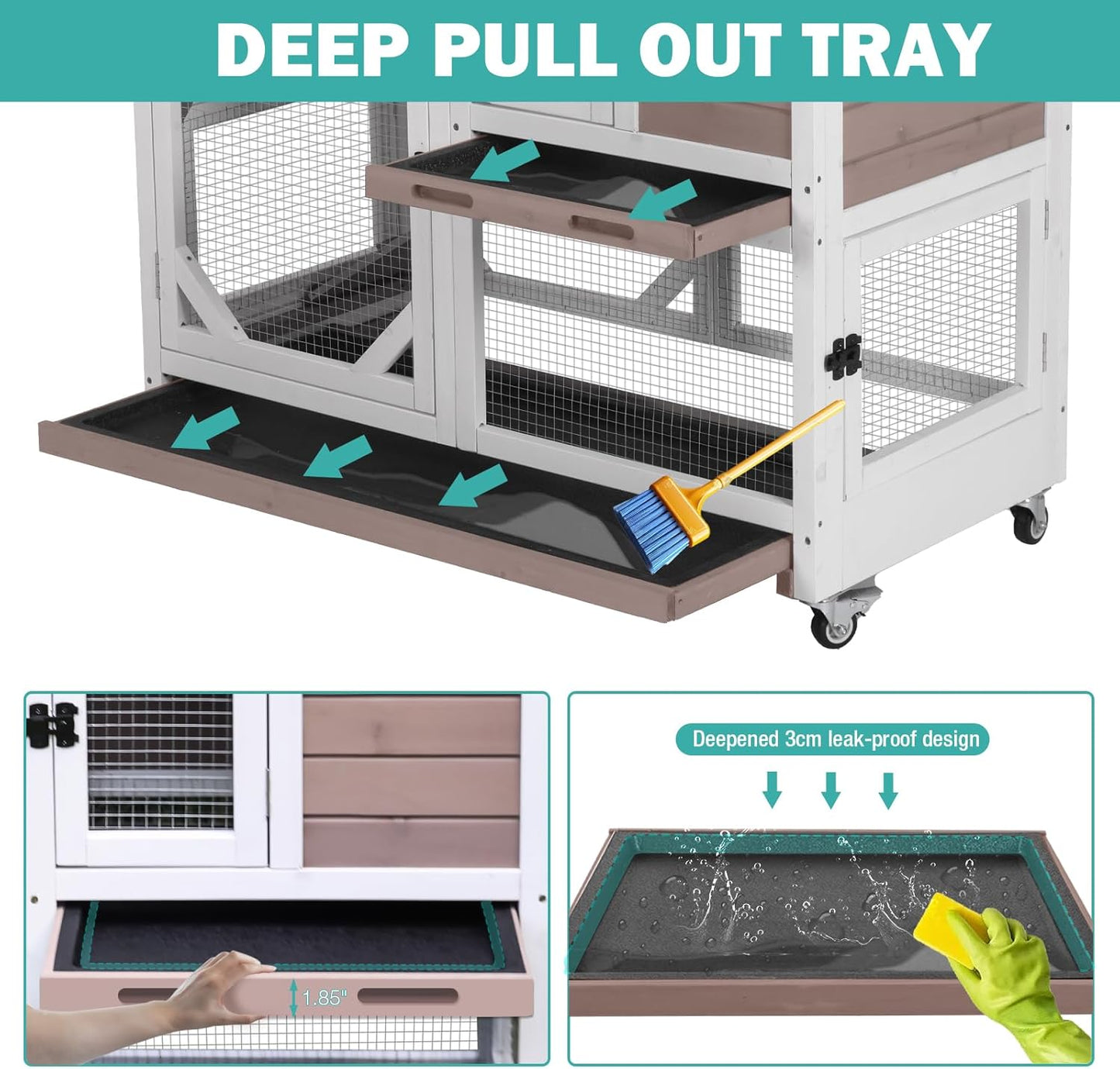 Rabbit Hutch Indoor for 2-4 Rabbits & Guinea Pigs,Bunny Cage with Slide-Out Plastic Trays,Wooden Small Animal Cage for Rabbits, Bunnies, and Guinea Pigs