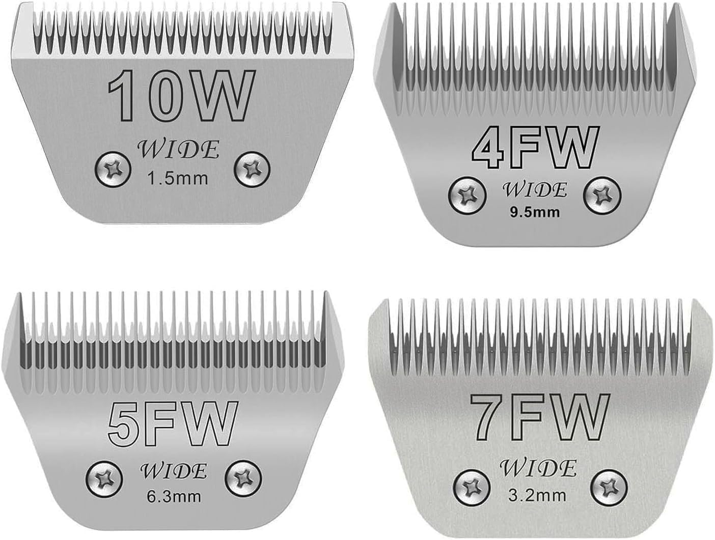 4PCS Wide Blades for Dog Grooming Blades Compatible with Andis,Oster A5,Wahl km10 Dog Clippers Stainless Steel Blades for Animal Dog,Cat,Horse,Silver Size: #10W+30W+5FW+7FW