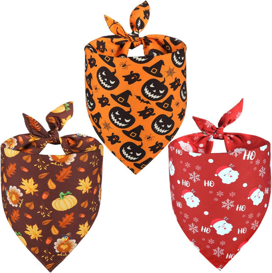 Doncida Halloween Dog Bandana and Thanksgiving Christmas Dog Bandanas 3 Pack, 6 Pattern Reversible Triangle Scarf for Small and Medium Dogs, Premium Durable Fabric Bibs for Pets (Small)