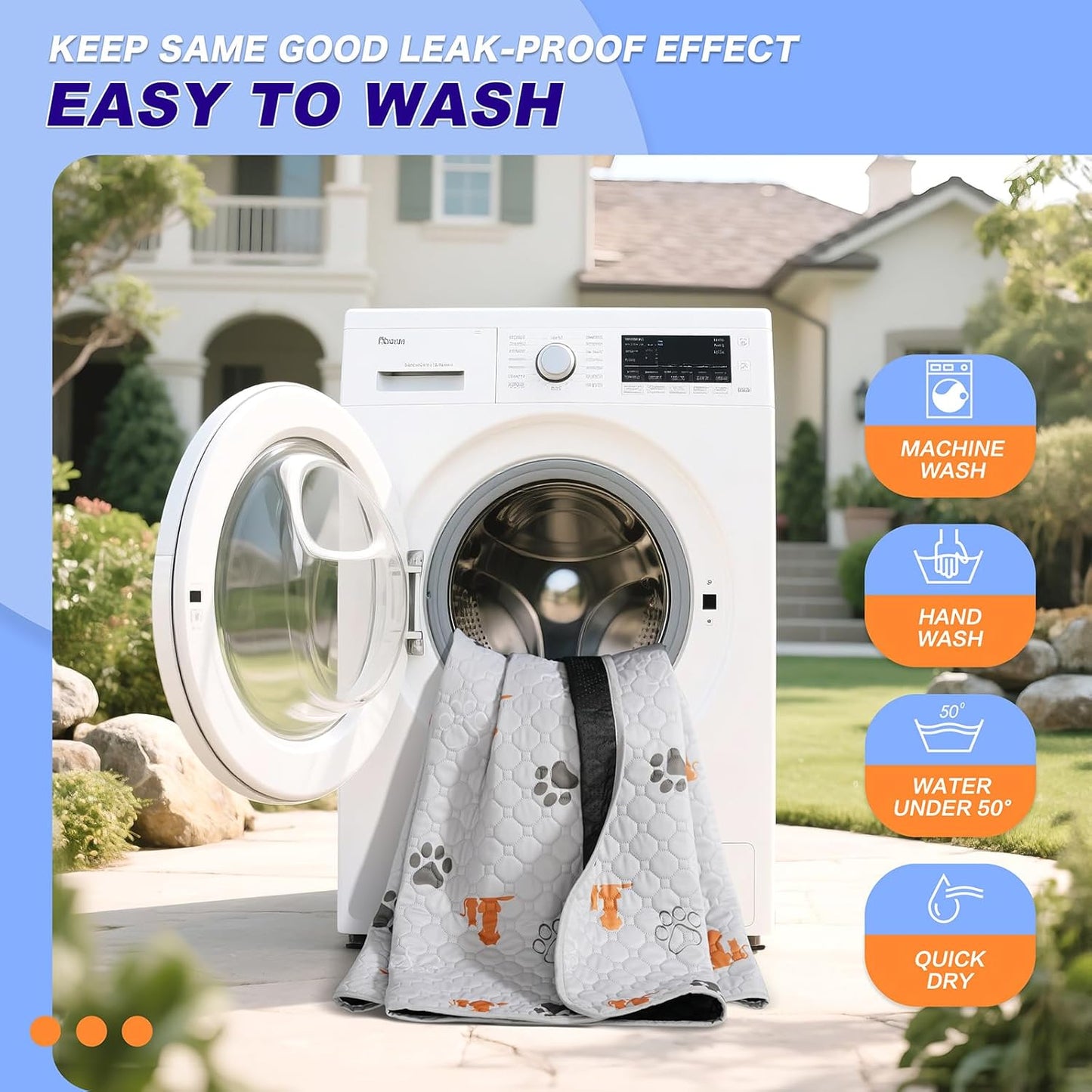 Washable Pee Pads for Dogs, 2 Pack Absorbent Reusable Training Dog Pads Pet Puppy Pads, Non-Slip Potty Pads for Whelping, Playpen, Crate, Bed, Orange, 24"x48"