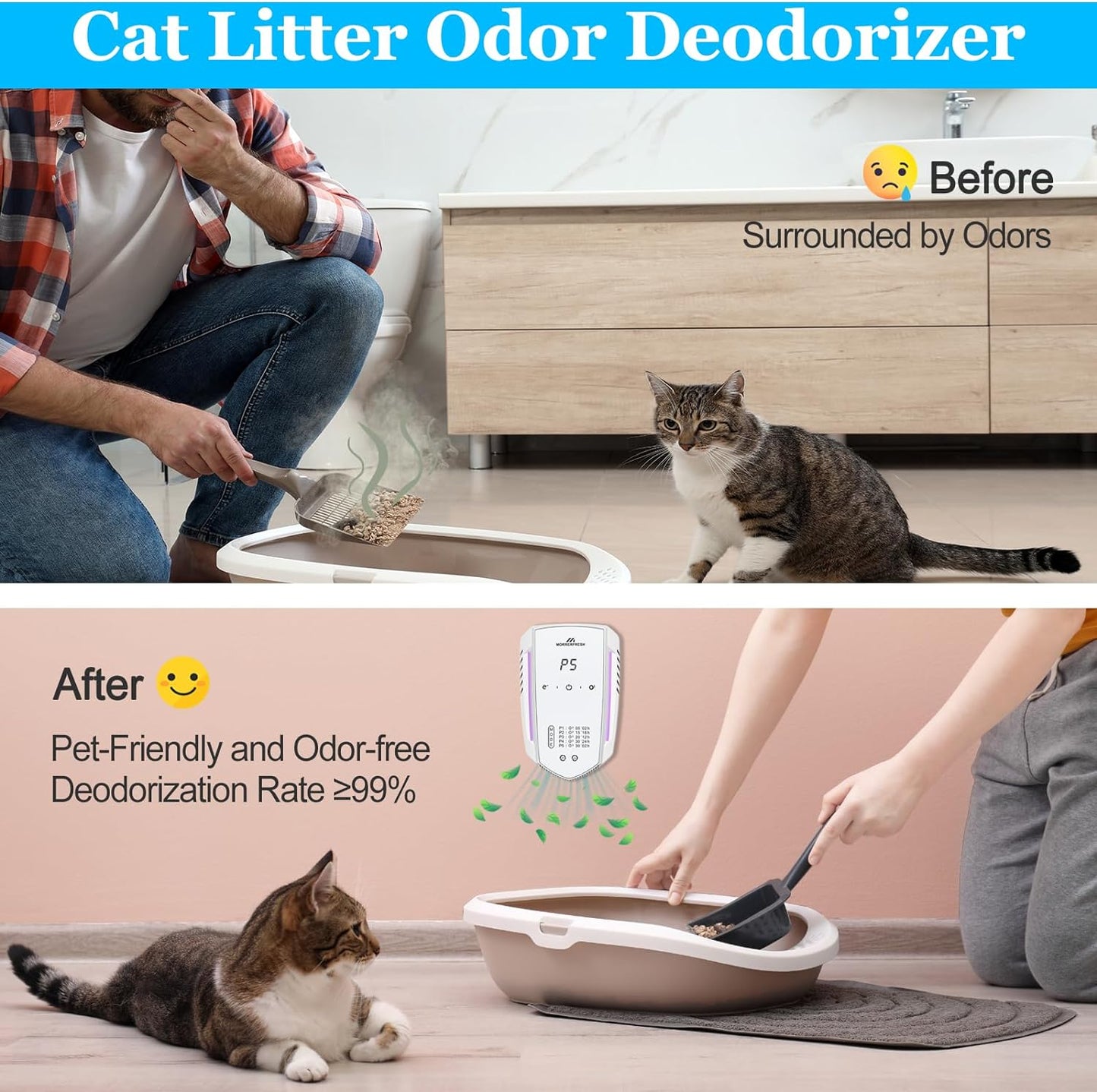 Cat Litter Deodorizer 99% Pets Poof Odor Eliminator Air Purifier Ozone Odor Removal Air Freshener for Home & Pets Litter Box Room Wardrobe Shoe Cabinet Toilet White