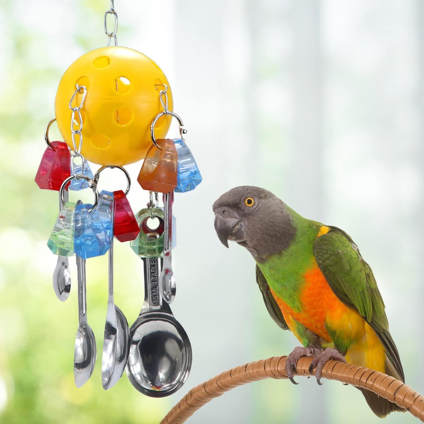 Litewoo Bird Chew Toy with Metal Spoons Ball Chewing Toy Hanging Swing for Parrot Macaw Cage Accessory