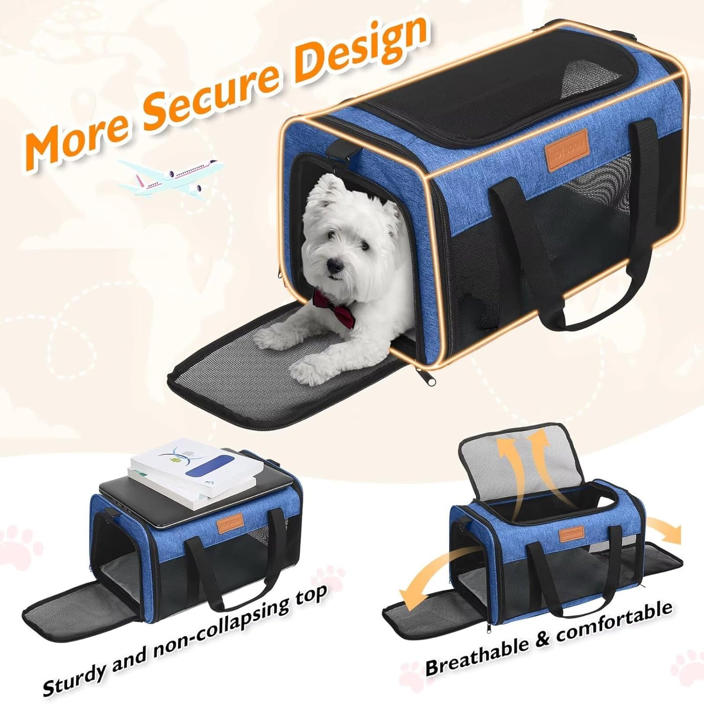 PETUX Pet Carrier Airline Approved, 17"x11"x9.5" Portable Cat Carrier Soft with Anti-Scratch Mesh for Small Cats up to 12 lb, Top Open Breathable Dog Carriers for Puppy up to 10 lb (Blue)
