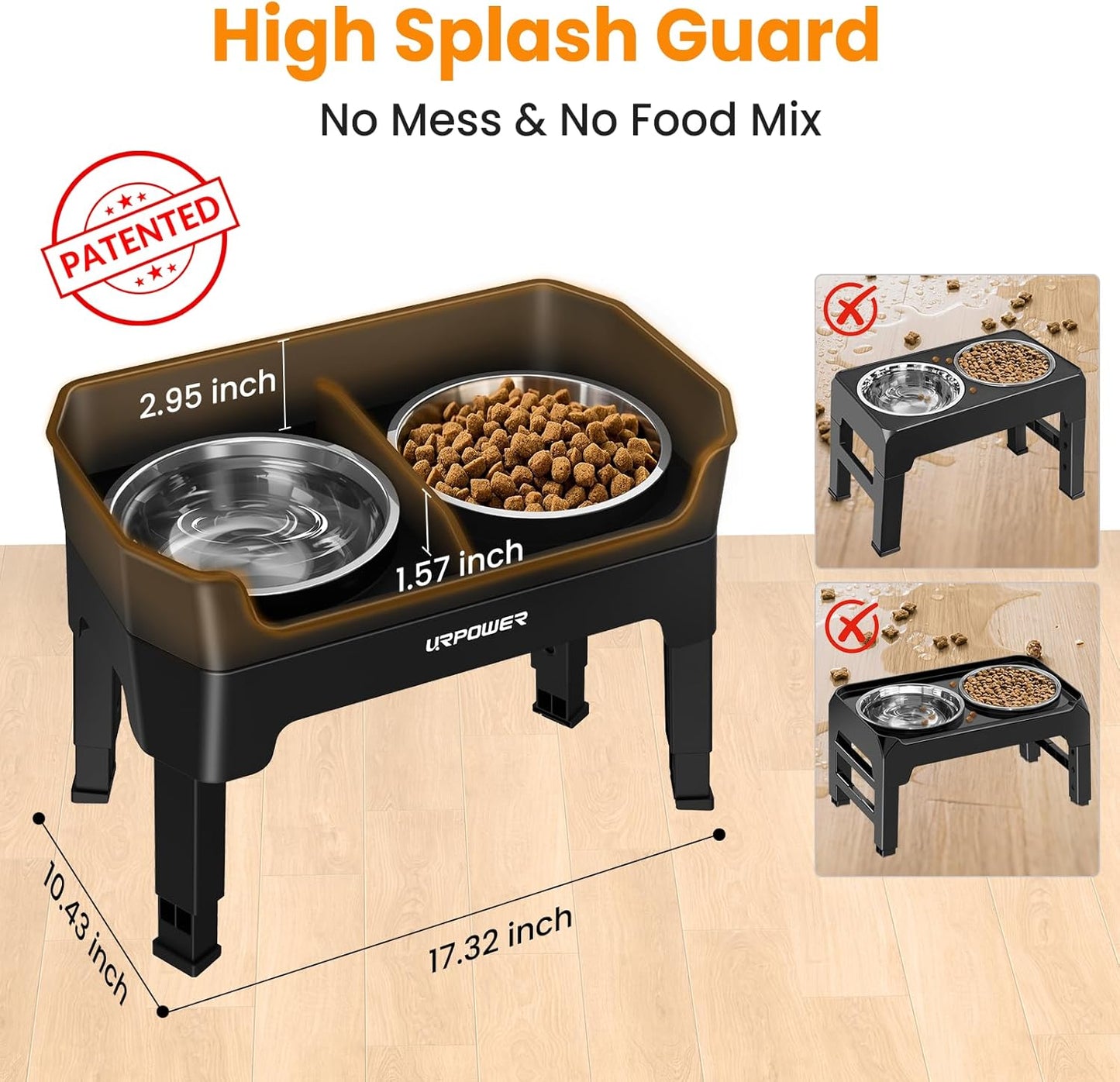 URPOWER 3-in-1 Elevated Dog Bowls - Mess Proof Double Deck 4 Height Adjustable Raised Stand with 2 Stainless Steel Food Bowls & Licking Plate for Small, Medium & Large Dogs