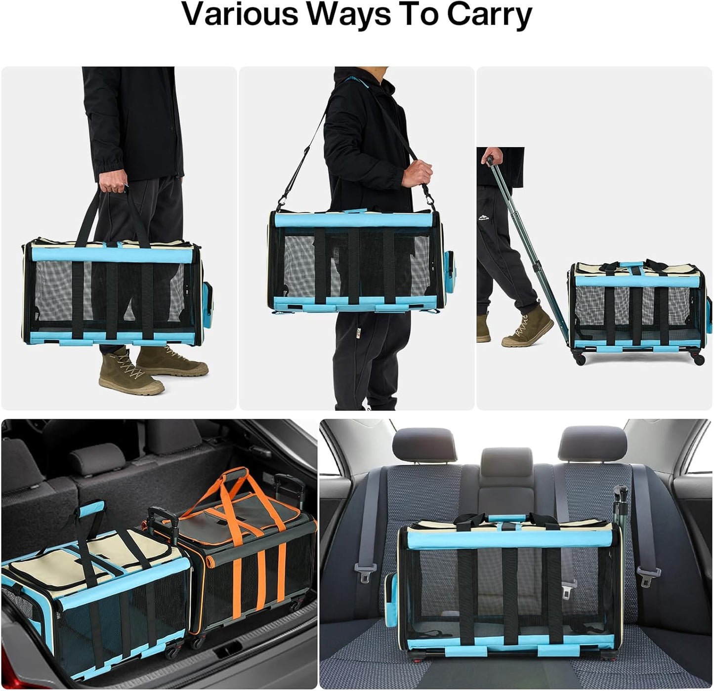 MILADA Large Cat Carrier for 2 Cats, Soft Big Pet Carrier with Wheels, Double Cat Carrier on Wheels, Rolling Pet Carrier for Travel Hiking Shopping and Camping(Not for Air Travel), Blue