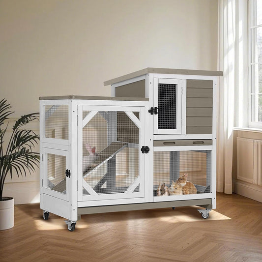 Rabbit Hutch Indoor for 2-4 Rabbits & Guinea Pigs,Bunny Cage with Slide-Out Plastic Trays,Wooden Small Animal Cage for Rabbits, Bunnies, and Guinea Pigs (Light Brown)