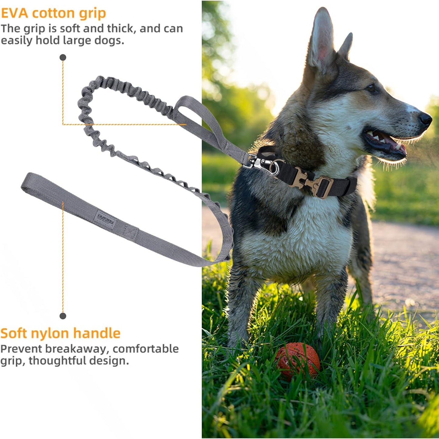 EXCELLENT ELITE SPANKER Tactical Bungee Dog Leash Military Adjustable Dog Leash Quick Release Elastic Leads Rope with 2 Control Handle(Grey