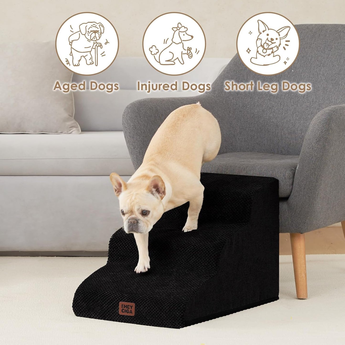 EHEYCIGA Curved Dog Stairs Ramp for Small Dogs 15.7" H, 3-Step Dog Steps for Couch Sofa and Chair, Pet Stairs for Cats, Non-Slip Balanced Pet Steps Indoor, Black