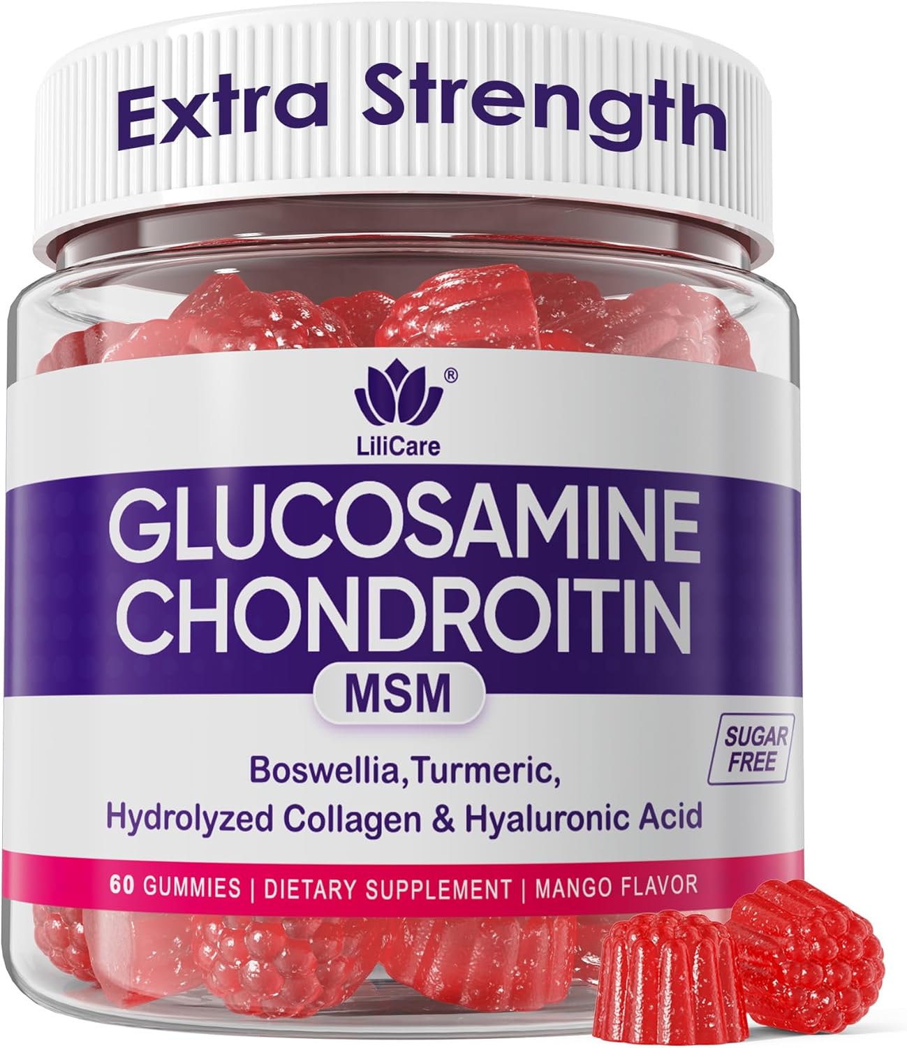 Glucosamine Chondroitin Gummies, Sugar Free Glucosamine Chondroitin MSM Supplement, Extra Strength with Boswellia Turmeric, Hydrolyzed Collagen & Hyaluronic Acid, Bone Health for Men & Women, 60 Cts