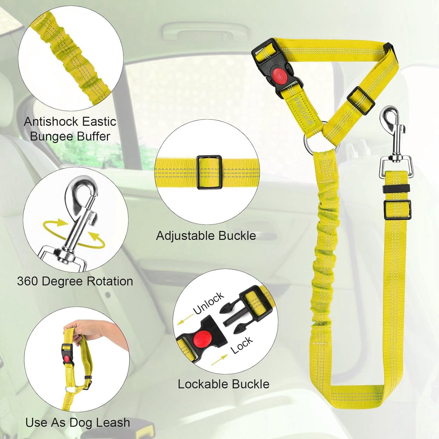 BWOGUE Pet Dog Cat Seat Belts, Car Headrest Restraint Adjustable Safety Leads Vehicle Seatbelt Harness (1 Pack)