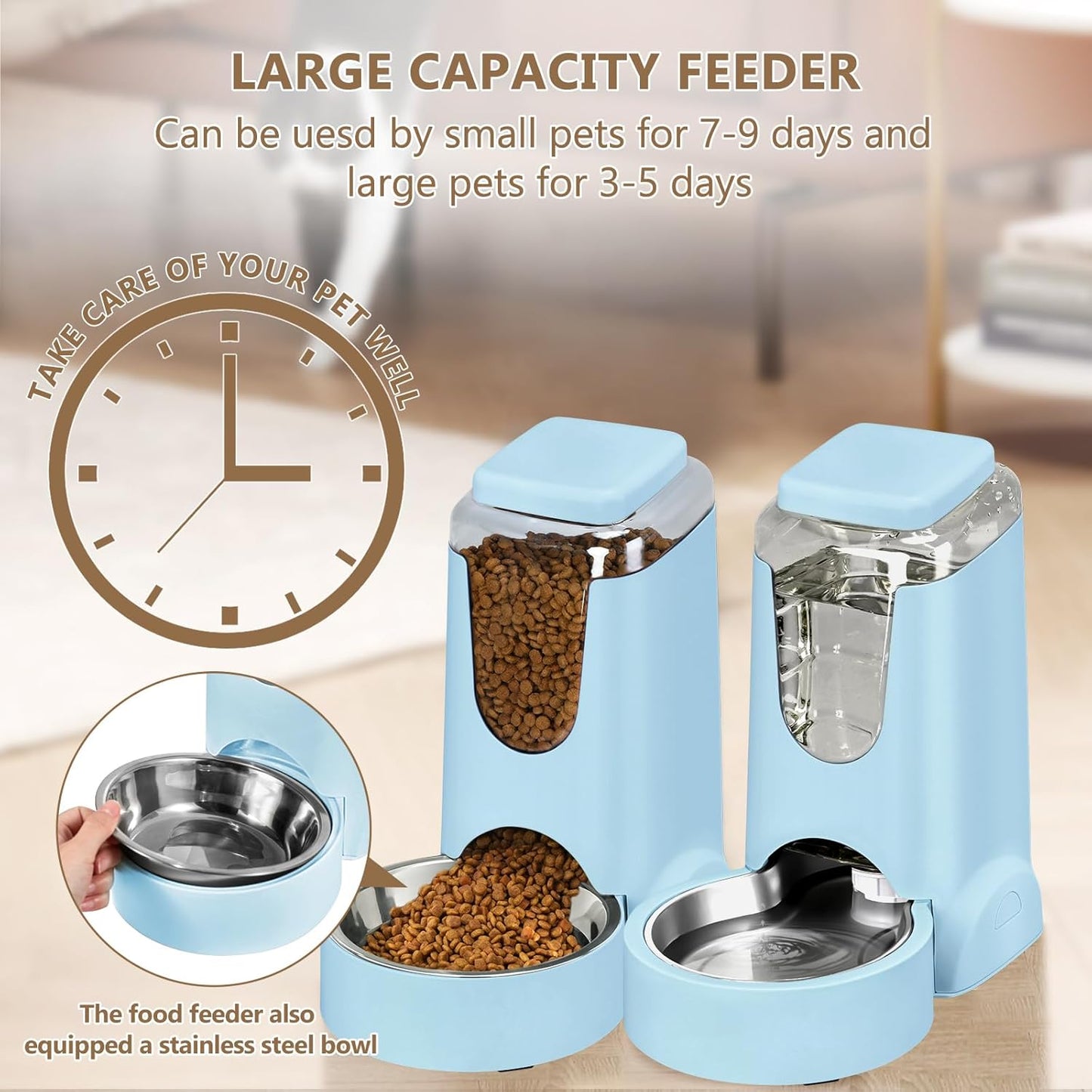 Portable Automatic Cat Feeder and Water Dispenser with Stainless Steel Bowl Dog Gravity Food Feeder and Waterer for Small Medium Pets Puppy Kitten 1 Gallon x 2 (Light Blue(3.8L*2))