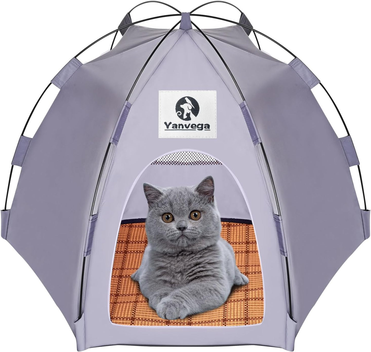 Yanvega Cat Tent Cat Beds for Indoor Cats Pet Supplies, 23.6" × 23.6" × 16.8" Cat Pop Up Tent Collapsible Cat House Cat Cave Outdoor, No Assemble Required High Elastic Frame with Ground Nail (Gray)