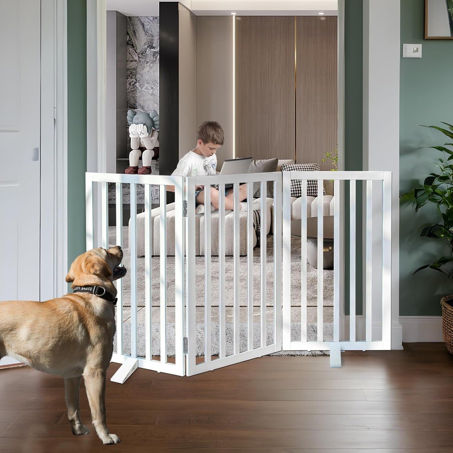 ZJSF Freestanding Indoor Dog Gate for House Foldable Wood White Puppy Gate for Doorways Pet Gate for Stairs Extra Wide Pet Fence 32" Height 3 Panels