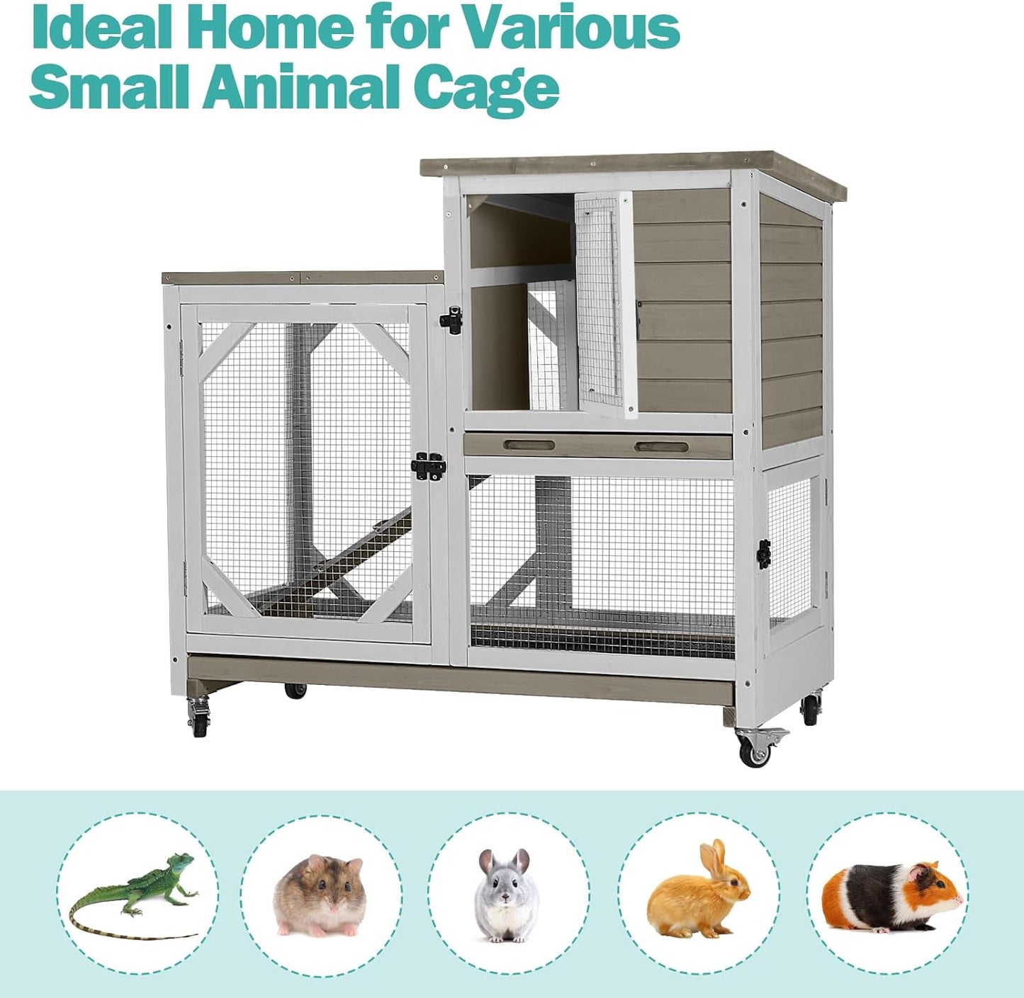 Rabbit Hutch Indoor for 2-4 Rabbits & Guinea Pigs,Bunny Cage with Slide-Out Plastic Trays,Wooden Small Animal Cage for Rabbits, Bunnies, and Guinea Pigs (Light Brown)
