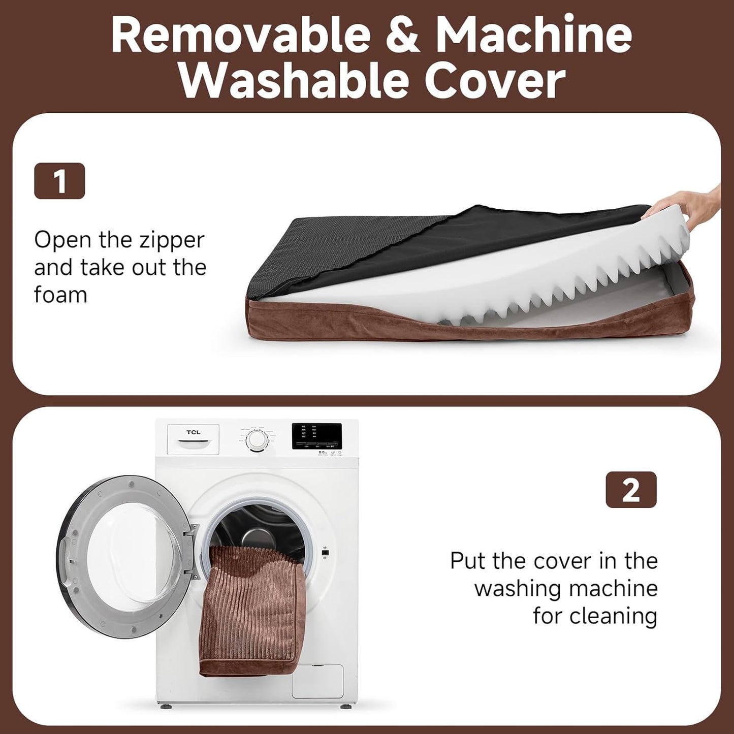 OhGeni Orthopedic Waterproof & Machine Washable Dog Bed for Large Pets, Suitable for Crates, Cat Mat with 25D Egg Crate Foam, Non-Slip Bottom & Removable Cover, Invisible Zipper, 41 Inches(Brown)