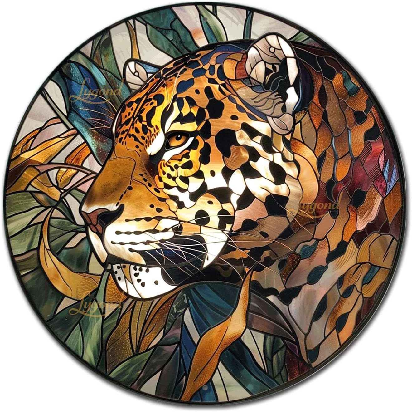 Lygond Metal Sign Tin Sign Circular Stained Glass Jaguar Tin Sig For Pet 8×8 Inches