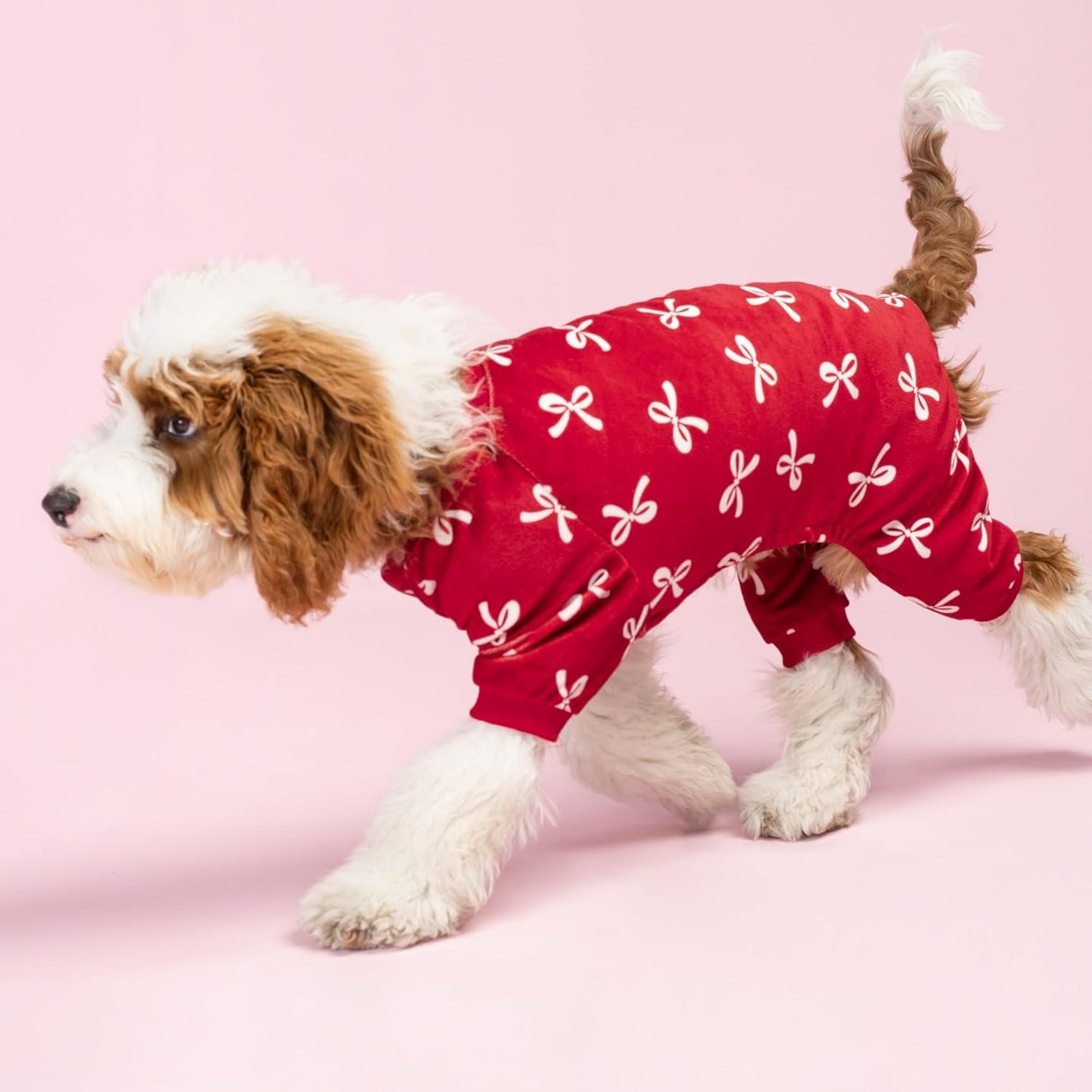 Fitwarm Bowknot Dog Pajamas, Warm Clothes for Small Dogs Girl, Fleece Pet Onesie with Feet, Burgundy Red, White, Small
