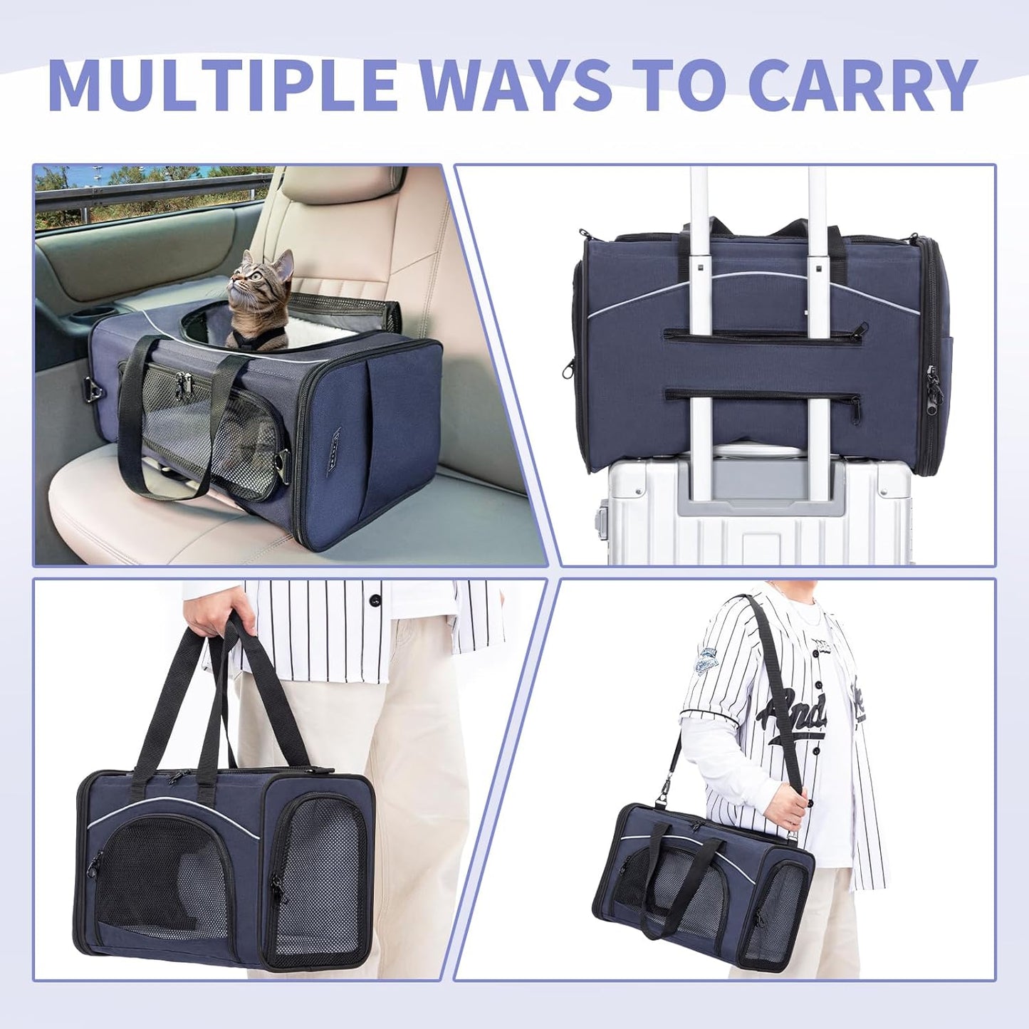 Petsfit Airline Approved Pet Carrier for Small Cats, 16.5x8.6x11 TSA Approved Carrier, with Removable Dual-Sided Padding (2-Way Placement) - Fits Under Most Airplane Seats, Escape Proof (Navy)