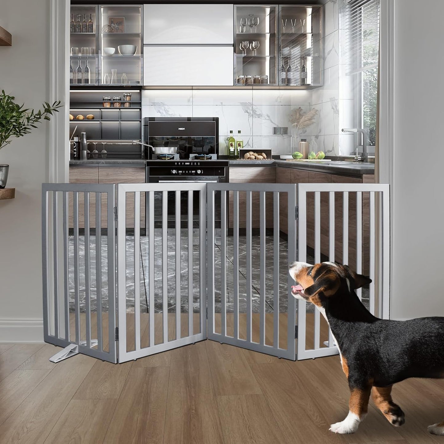ZJSF Freestanding Indoor Dog Gate for House Foldable Wood Puppy Gate for Doorways Pet Gate for Stairs Extra Wide Pet Fence, Grey, 32" Height 4 Panels