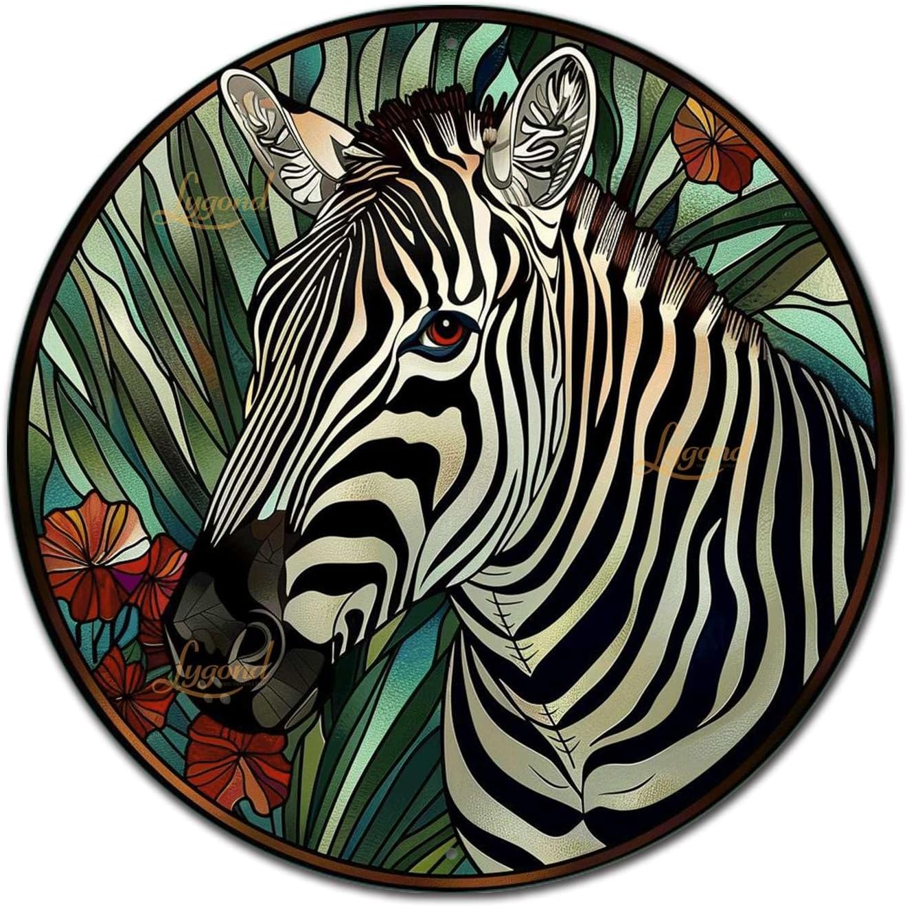 Lygond Metal Sign Tin Sign Circular Stained Glass Zebra Decor Outdoor for Garden 12×12 Inches