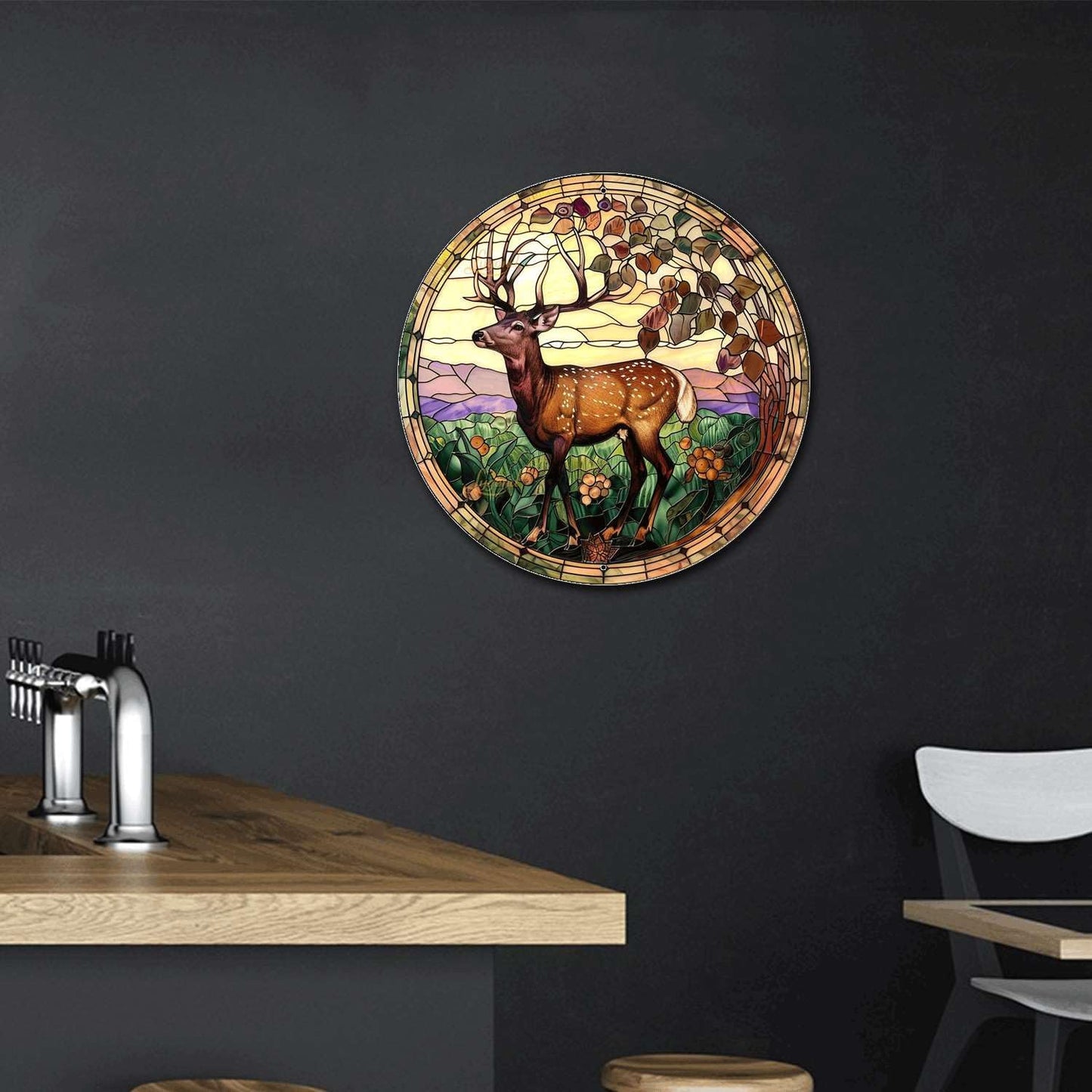 Lygond Metal Sign Tin Sign Circular Stained Glass Deer Vintage Sign for Restaurant 8×8 Inches