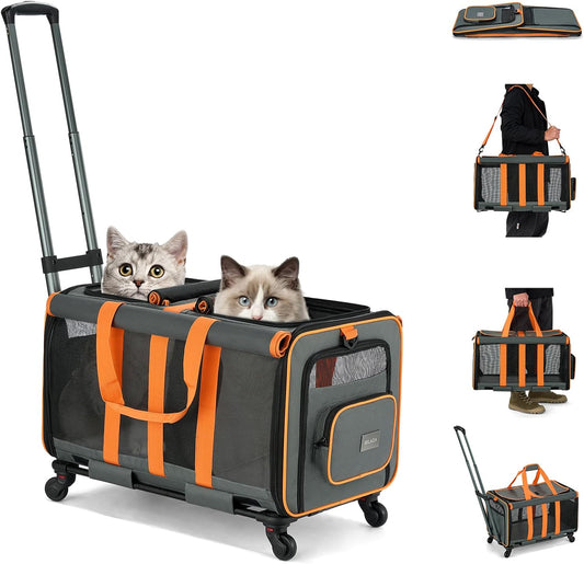 MILADA Large Cat Carrier for 2 Cats, Soft Big Pet Carrier with Wheels, Double Cat Carrier on Wheels, Rolling Pet Carrier for Travel Hiking Shopping and Camping(Not for Air Travel), Orange