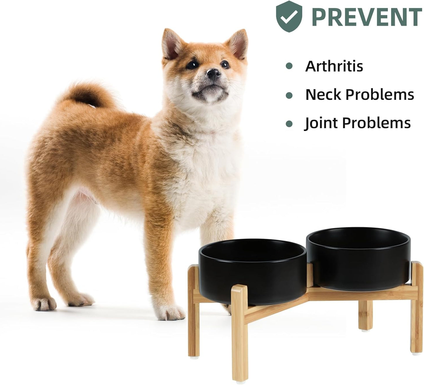 Ceramic Raised Double Bowls Set with Stand, Food & Water Bowls for Medium Breed Dogs, Weighted Dog Dishes, Pet Bowl(7.3'',41OZ, Black)