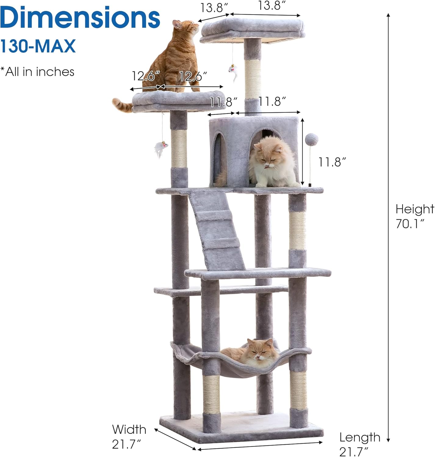 MWPO 70.1-Inch Large Cat Tree, Multi-Level Tall Cat Tower for Indoor Cats, Plush Cat Condo with Big Padded Perches, Sisal-Covered Scratching Posts, Hammock, Toys for Kittens & Cats - Light Grey