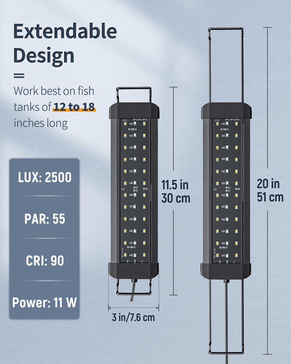 Pawfly 11 W Terrarium Light for 12" to 18" Terrarium Extendable Reptile Tank Light with Full Spectrum Brilliant White Blue Red Lights with Day & Night Modes and Adjustable Brightness