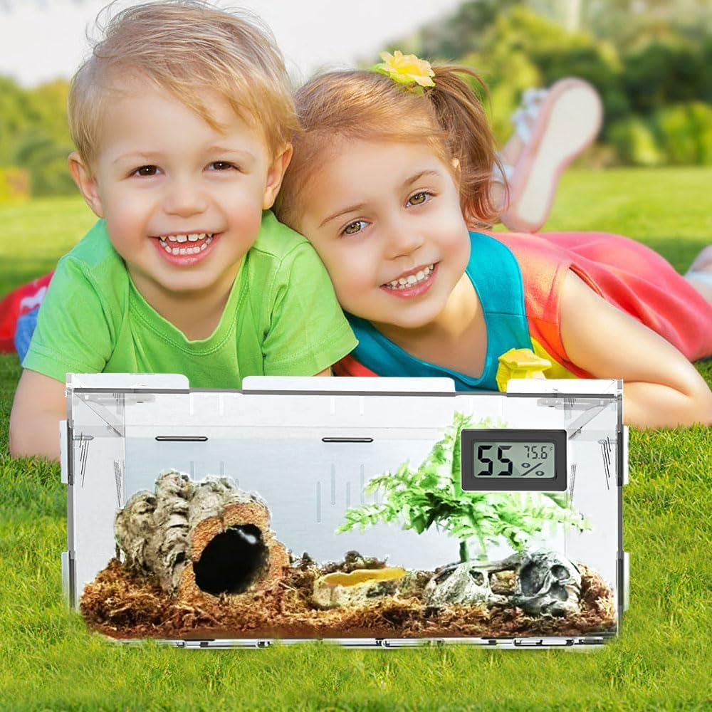 Reptile Terrariums, with Temperature Hygrometer, 15.7"x9.9"x7.1"Acrylic Reptile Breeding Box Terrarium Cage Tank for Small Reptile Insect Home Office