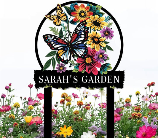 Personalized Butterfly Metal Sign with Stake,Custom Gardener Family Name Signs Outdoor Decorate,Customized Garden Accessories Decor for Mother's Day,Sunflowers Plaques for Patio Lawn Porch Backyard