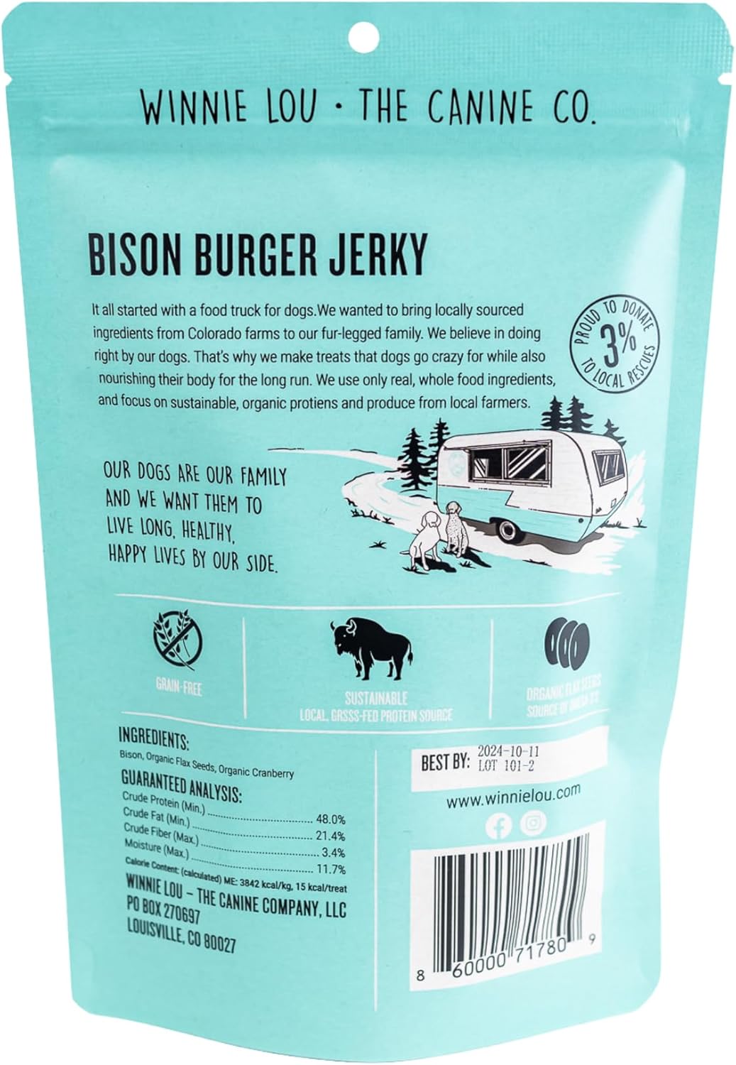 Winnie Lou Bison Burger Jerky Dog Treats – Limited Ingredient, Human Grade, Training Treats for Small, Medium & Large Dogs, Made in USA (1 Pack)