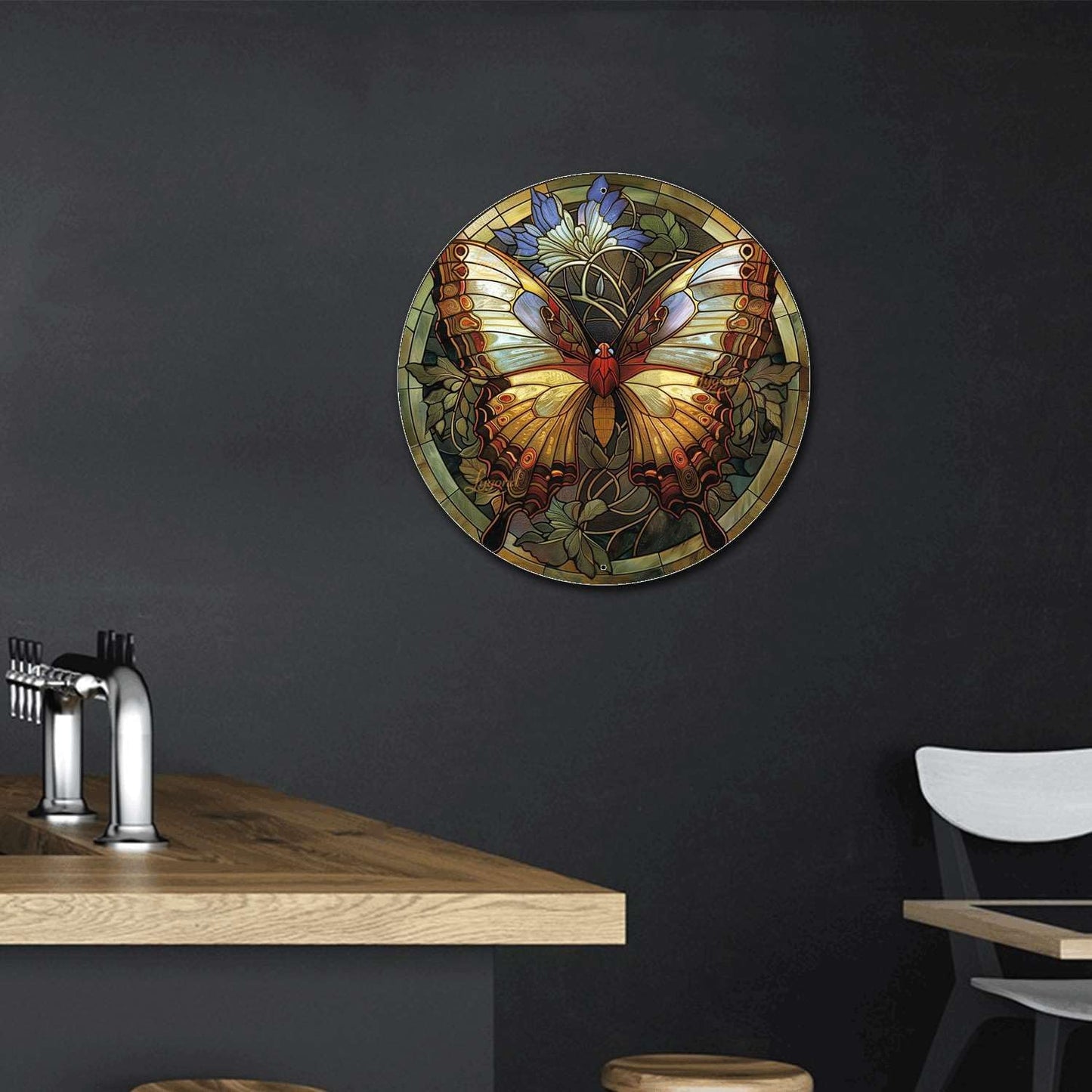 Lygond Metal Sign Tin Sign Circular Stained Glass Butterfly Tin Sign Gift for Garage 12×12 Inches