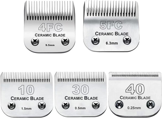 5PCS 10 Blades Dog Grooming Replacement Blades Compatible with Andis Pet Clipper/Oster A5/Wahl KM Series Dog Clipper,Ceramic Blade & Stainless Steel Blade, Size :#10+30+40+5FC+4FC