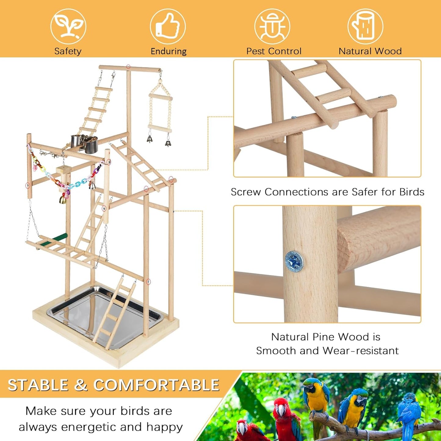 Pet Parrot Playstand Parrots Bird Playground Bird Play Stand Wood Perch Gym Playpen Ladder with Feeder Cups Bells for Cockatiel Parakeet (4 Layers)