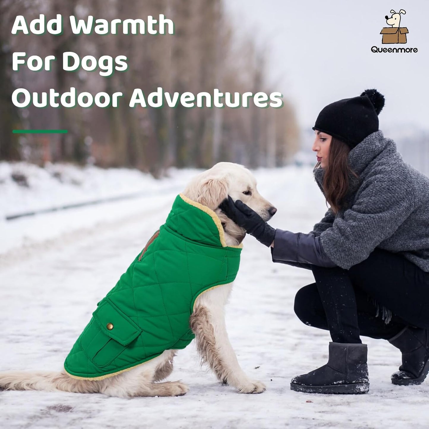 Queenmore Warm Dog Coat, Cold Weather Puffer Dog Coat Vest, Quilting Winter Pet Jacket Ultra Thick Plush Fleece Lining Pet Clothes for Dogs with Storage Pockets (Forest Green, X-Small)