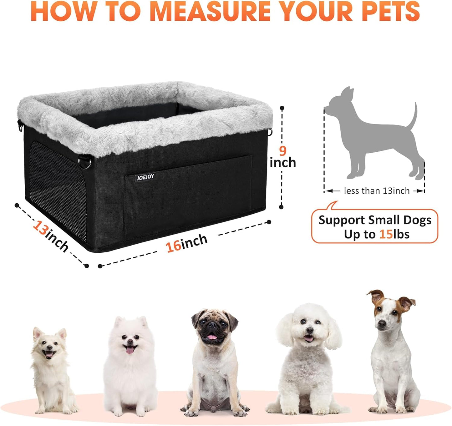 JOEJOY Deluxe Dog Booster Seat with Sturdy Metal Frame and Safety Leash for Small Pets up to 20 lbs - Portable Puppy Dog Car Seat with Thick Cushion and Storage Pockets for Small Dogs, Black