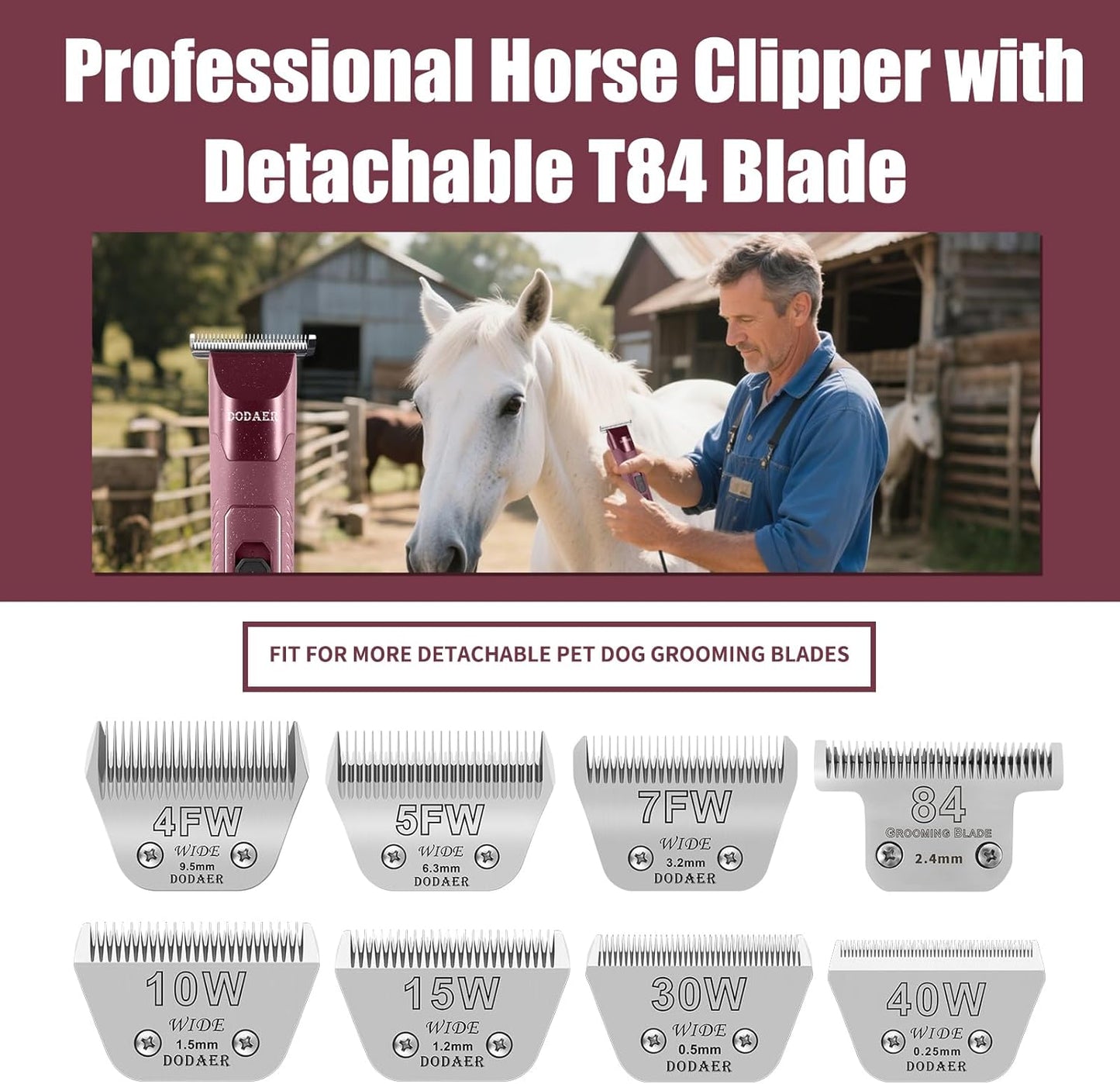Professional Grooming Electric Corded 2-Speed Horse Clipper with Detachable Blade - Cool & Quiet Running Design - Includes Size T84 Blade for Complete Horse Grooming - Burgundy