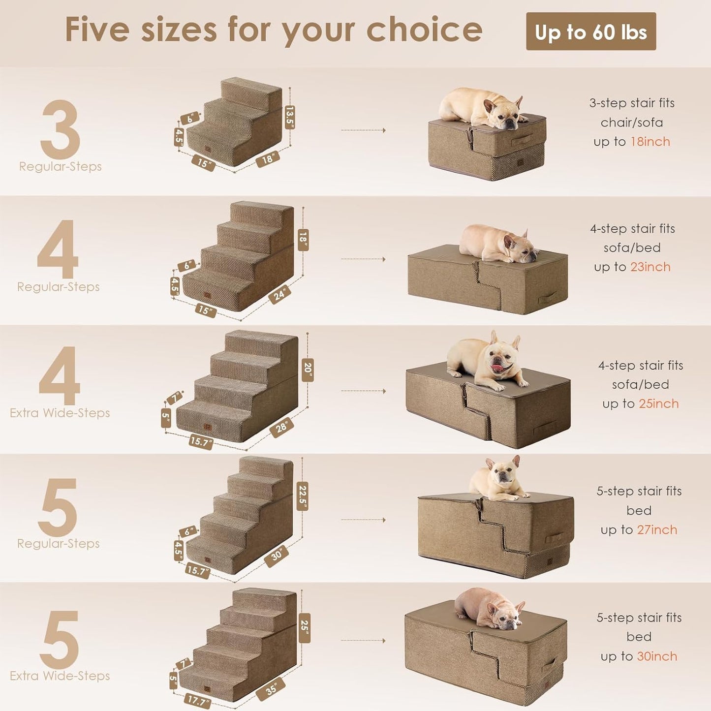 EHEYCIGA Dog Stairs for High Bed 25" H, 5-Step Extra Wide Dog Steps for Bed, Pet Steps for Small Dogs and Cats, Non-Slip Balanced Pet Ramp Indoor, Camel