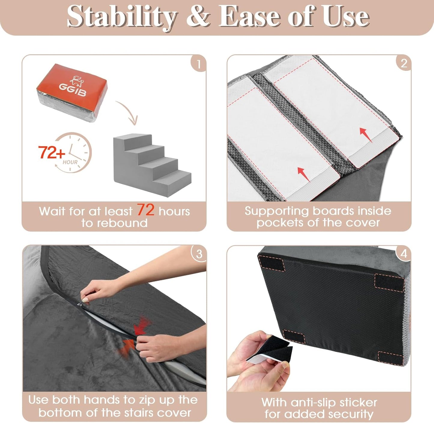 GGIB Dog Stairs for Small Dogs Cats Non-Slip Dog Steps for High Bed Pet Stairs for Sofa Couch Pet Ramp Pet Steps with Removable Washable Cover, Grey, 13" H, 3-Step