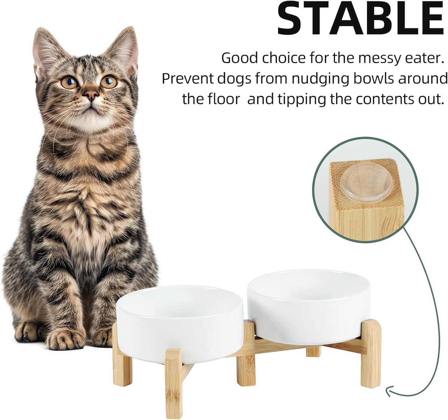 Ceramic Raised Double Bowls Set with Stand, 2 Heights Elevated, Food & Water Bowls for Small Breed Dogs, Cats, Kitty, Weighted Dog Dishes, Pet Bowls(5.1'',13.5oz, White)