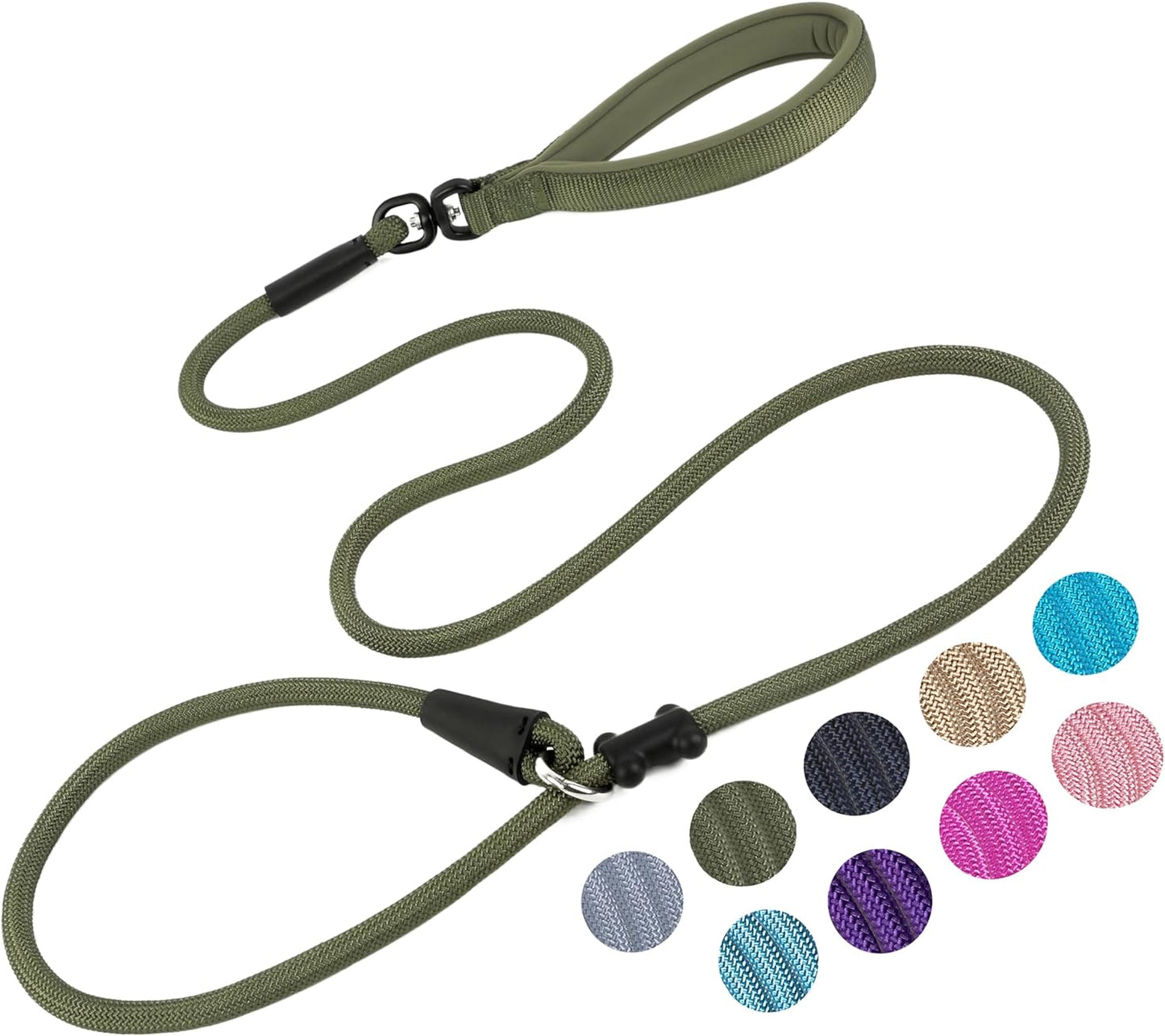 Slip Lead Dog Leash,Strong Nylon Rope Leash and Padded Handle,No Pull Outdoor Walking Training Lead for Small Medium Large Dogs(Army Green, 1/2"×6ft)