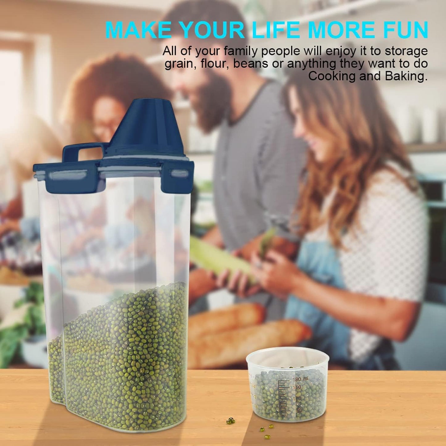 Rice Airtight Dry Food Storage Containers, BPA Free Plastic Storage Bin Dispenser with Pourable Spout, Measuring cup for Cereal, Flour and Baking Supplies Blue